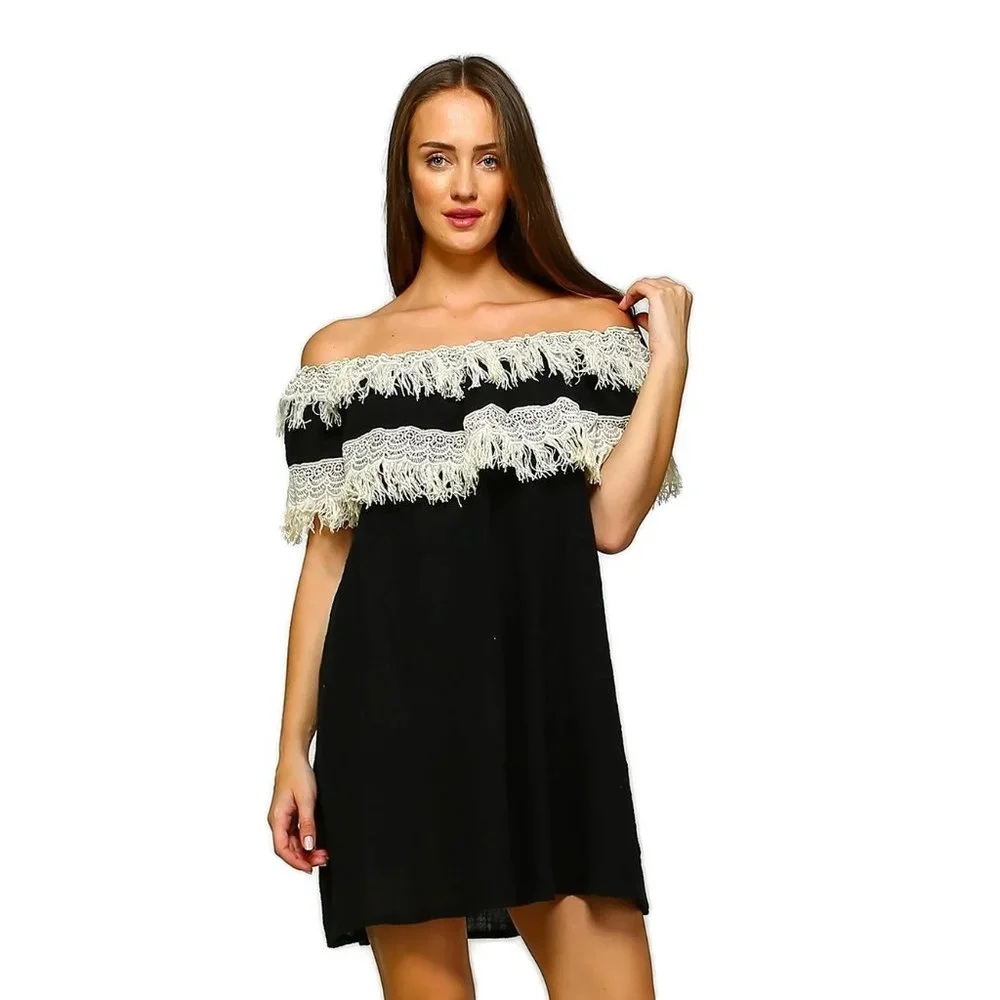 vELZERA Off the Shoulder Fringe Dress, Black - Picture 2 of 4